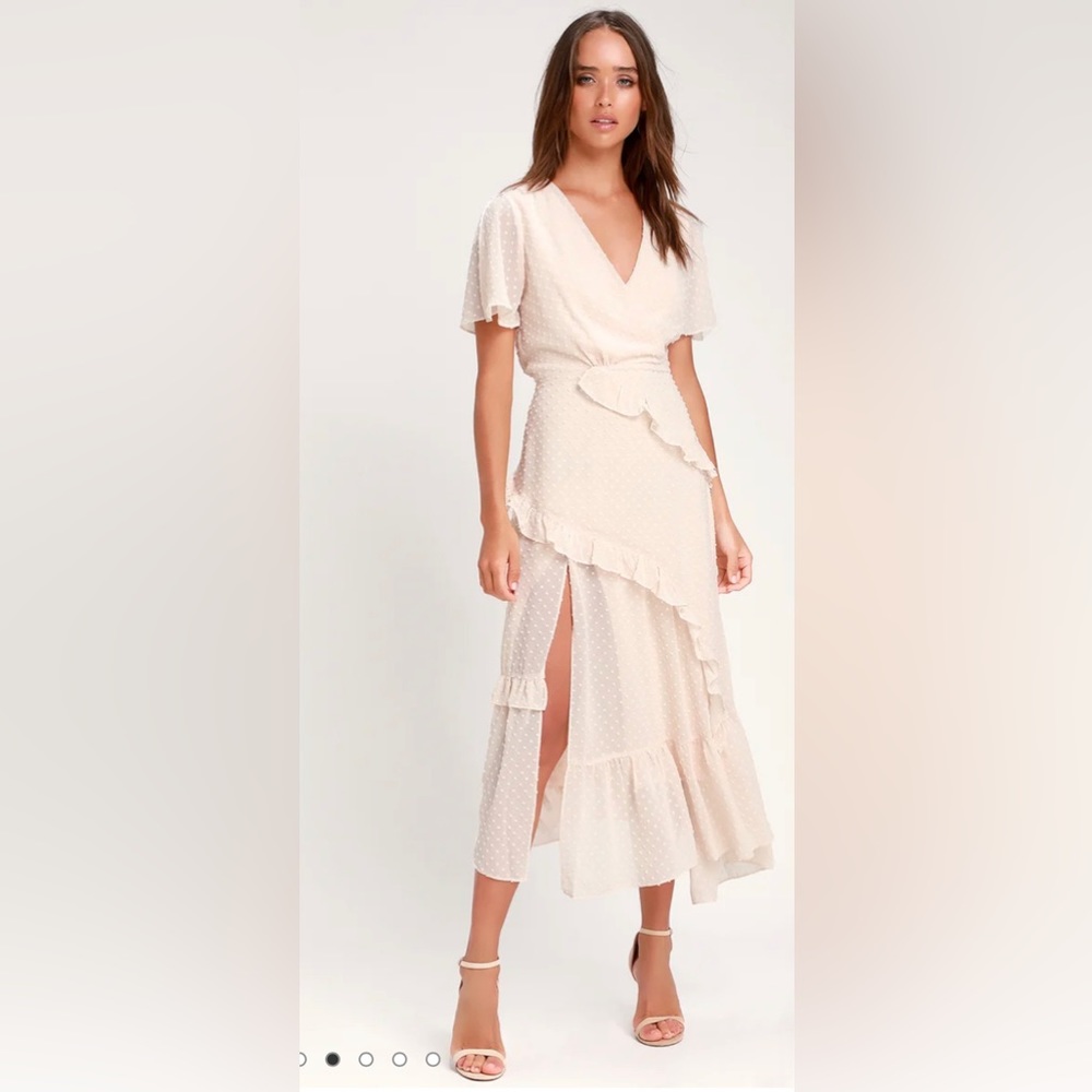 NWT lulus Next to You Cream Swiss Dot Ruffled Midi Dress